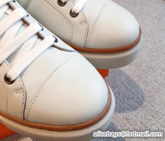 Top Design Hermes Calfskin Platform Sneakers White/Silver 531002