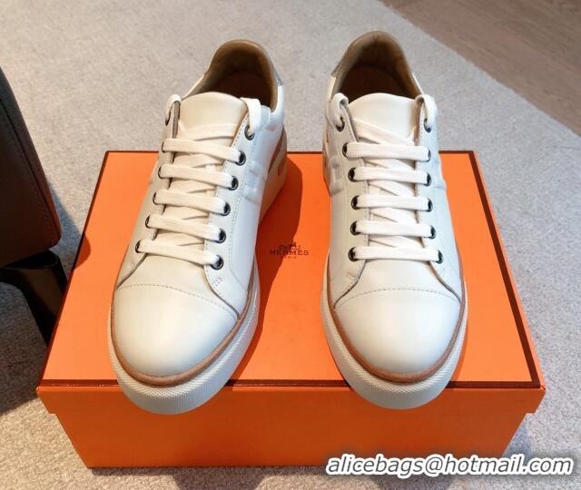 Top Design Hermes Calfskin Platform Sneakers White/Silver 531002