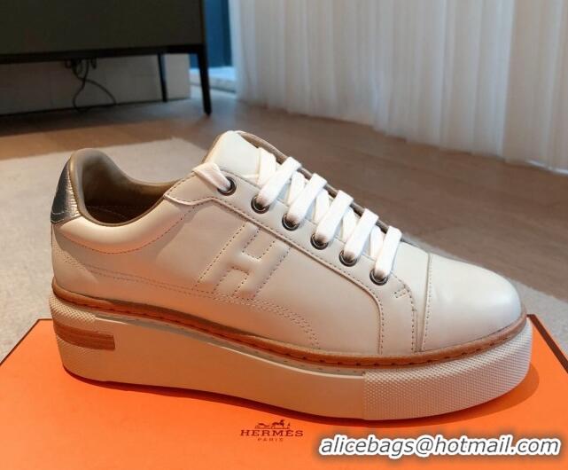 Top Design Hermes Calfskin Platform Sneakers White/Silver 531002