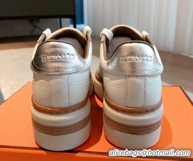 Top Design Hermes Calfskin Platform Sneakers White/Silver 531002