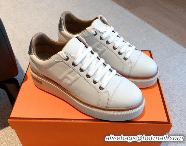 Top Design Hermes Calfskin Platform Sneakers White/Silver 531002