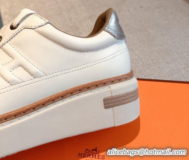 Top Design Hermes Calfskin Platform Sneakers White/Silver 531002