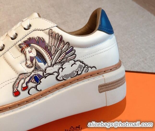 Good Quality Hermes Calfskin Platform Sneakers White/Blue 531003