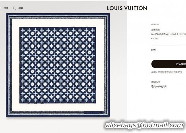 Best Price Louis Vuitton Monogram Flower Tile Silk Scarf 90x90cm M78980 Blue 2023