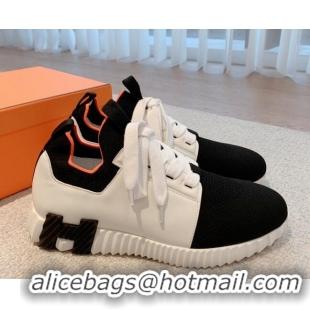 Luxury Hermes Depart sneakers in knit and calfskin white/black 531009