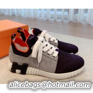 Grade Hermes Depart sneakers in knit and calfskin navy blue/grey 0531011