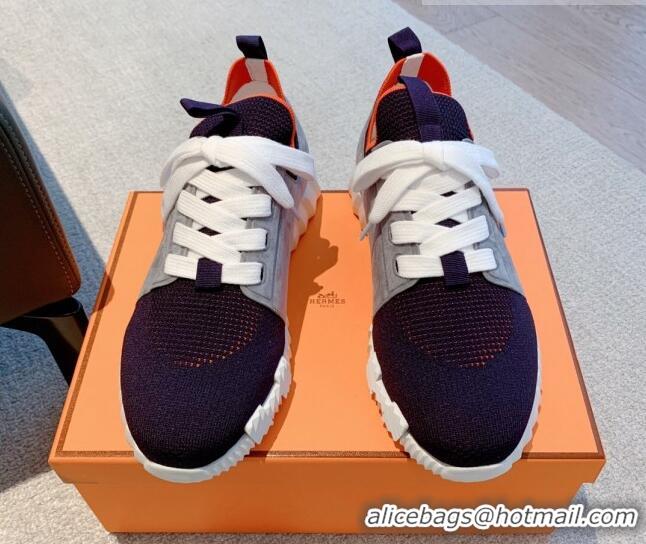 Grade Hermes Depart sneakers in knit and calfskin navy blue/grey 0531011