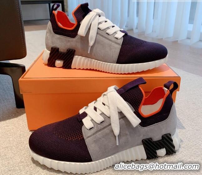 Grade Hermes Depart sneakers in knit and calfskin navy blue/grey 0531011