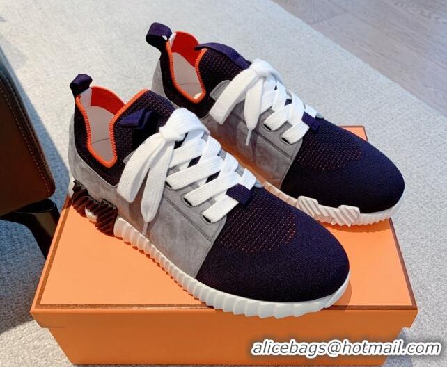 Grade Hermes Depart sneakers in knit and calfskin navy blue/grey 0531011