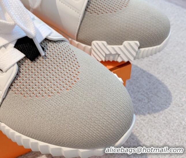 Charming Hermes Depart sneakers in knit and calfskin light grey/white 0531012