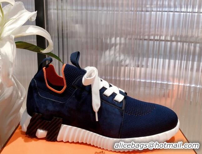 Discount Hermes Depart sneakers in knit and calfskin navy blue 531016