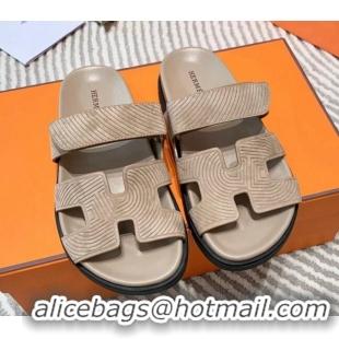 Sophisticated Hermes Chypre Flat Sandals in Beige Embossed Suede 531018