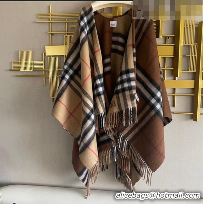 Fashion Discount Burberry Contrast Check Wool Cashmere Cape B8805 Brown 2023