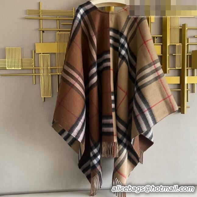 Fashion Discount Burberry Contrast Check Wool Cashmere Cape B8805 Brown 2023