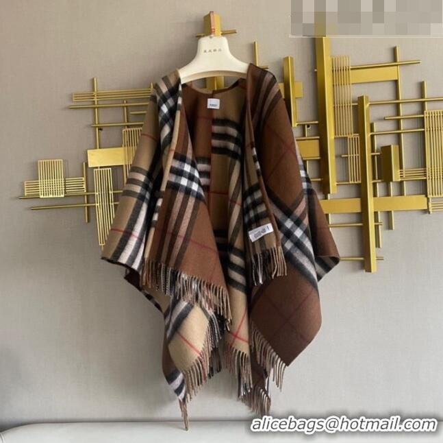 Fashion Discount Burberry Contrast Check Wool Cashmere Cape B8805 Brown 2023