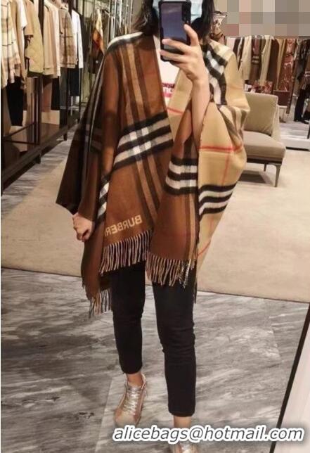 Fashion Discount Burberry Contrast Check Wool Cashmere Cape B8805 Brown 2023