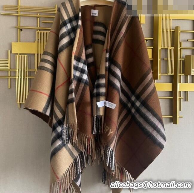 Fashion Discount Burberry Contrast Check Wool Cashmere Cape B8805 Brown 2023