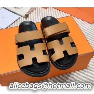 Pretty Style Hermes Chypre Flat Sandals in Smooth Leather Brown/Black 0531019