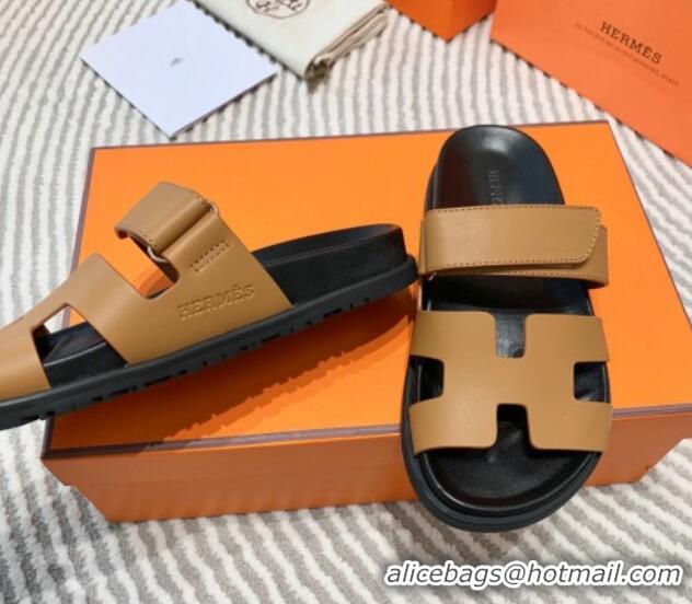 Pretty Style Hermes Chypre Flat Sandals in Smooth Leather Brown/Black 0531019