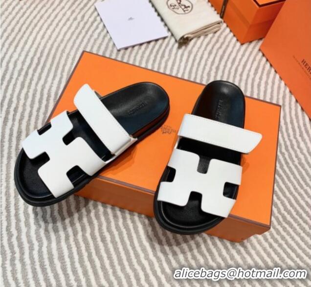 Discount Hermes Chypre Flat Sandals in Smooth Leather White/Black 0531020