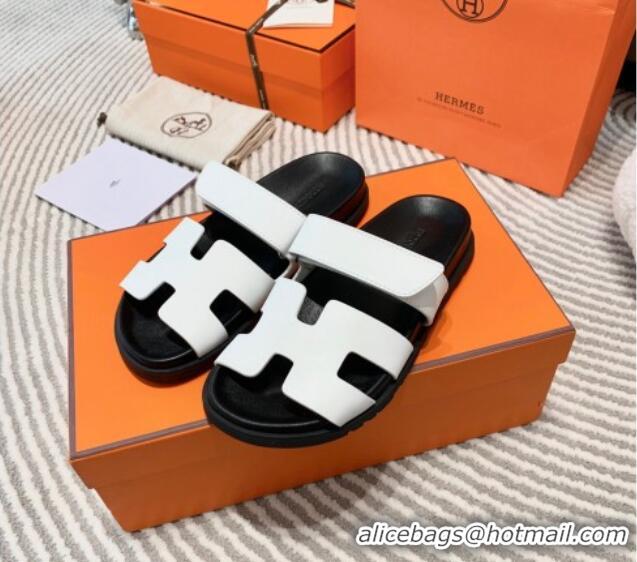 Discount Hermes Chypre Flat Sandals in Smooth Leather White/Black 0531020