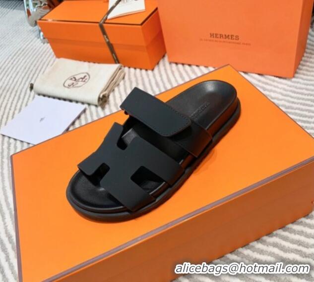 Good Product Hermes Chypre Flat Sandals in Black Matte Leather 0531021