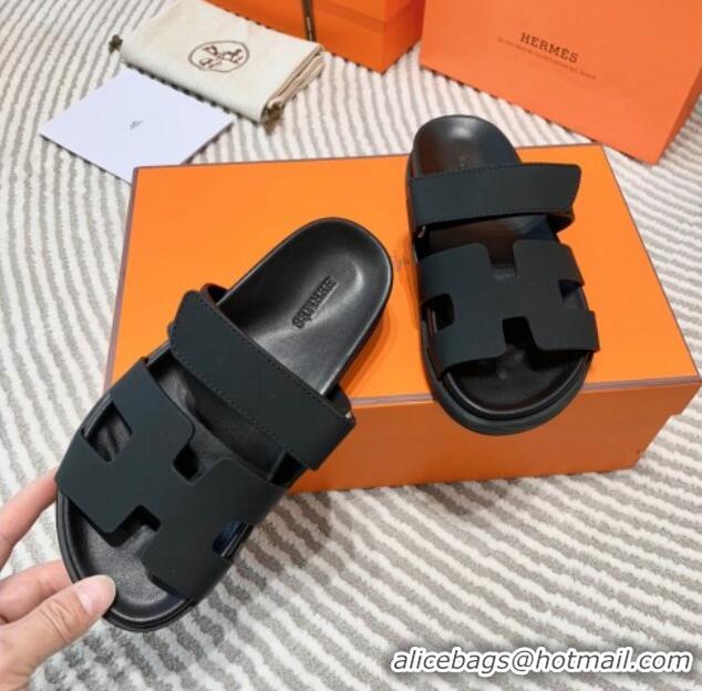 Good Product Hermes Chypre Flat Sandals in Black Matte Leather 0531021