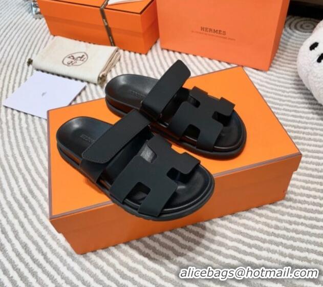 Good Product Hermes Chypre Flat Sandals in Black Matte Leather 0531021