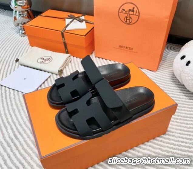 Good Product Hermes Chypre Flat Sandals in Black Matte Leather 0531021