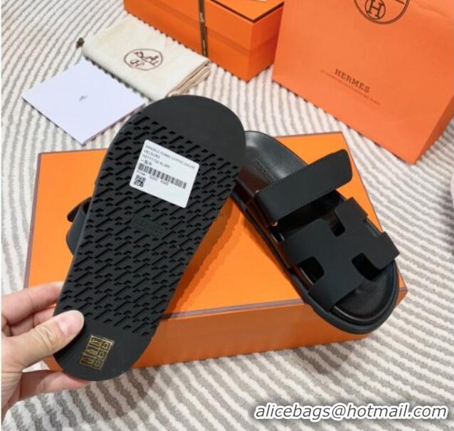 Good Product Hermes Chypre Flat Sandals in Black Matte Leather 0531021