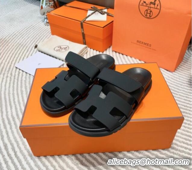 Good Product Hermes Chypre Flat Sandals in Black Matte Leather 0531021