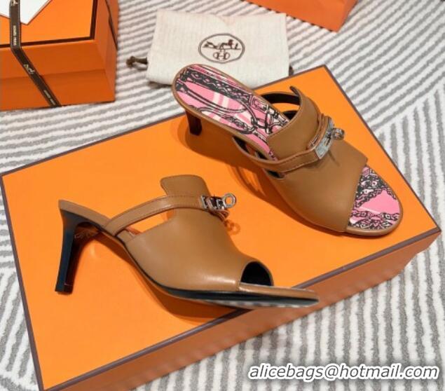 Discount Hermes Goatskin Heel Slide Sandals 7cm with Kelly Buckle Brown 0531023 