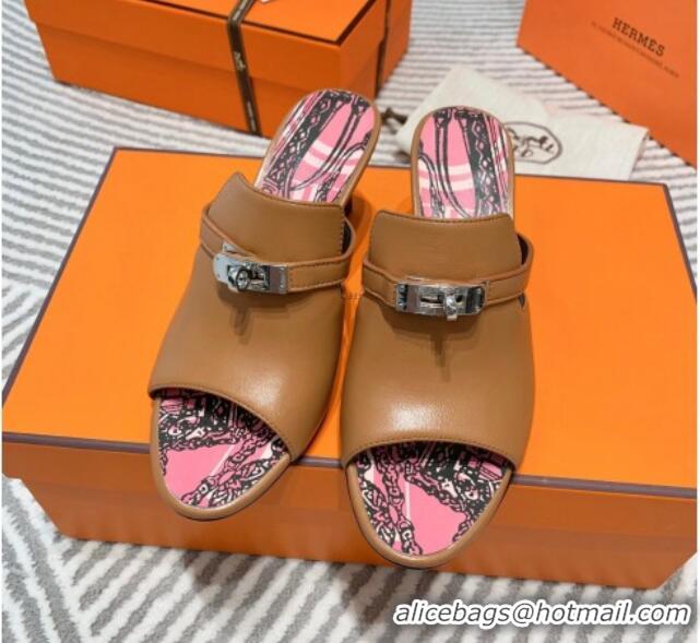 Discount Hermes Goatskin Heel Slide Sandals 7cm with Kelly Buckle Brown 0531023 