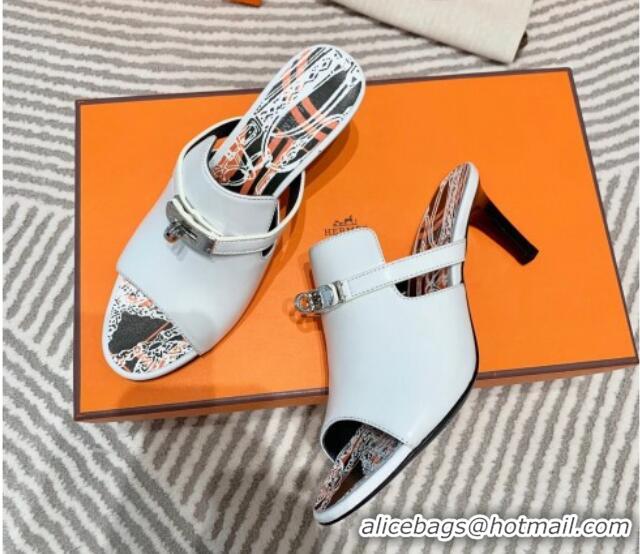 Grade Quality Hermes Goatskin Heel Slide Sandals 7cm with Kelly Buckle White 0531024