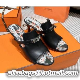 Best Grade Hermes Goatskin Heel Slide Sandals 7cm with Kelly Buckle Black 531025