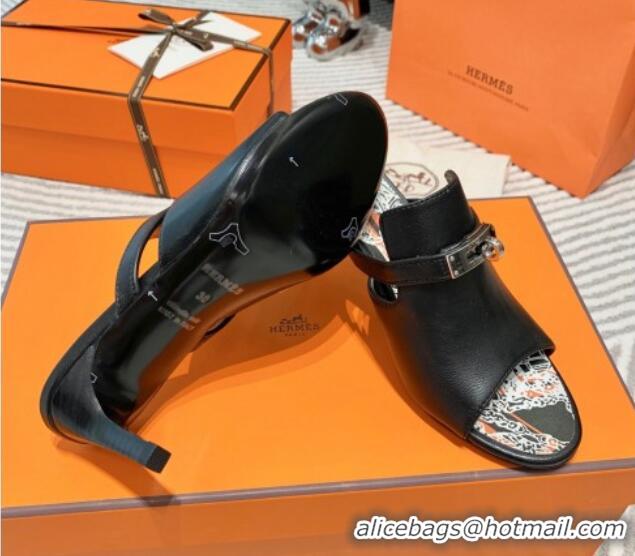 Best Grade Hermes Goatskin Heel Slide Sandals 7cm with Kelly Buckle Black 531025