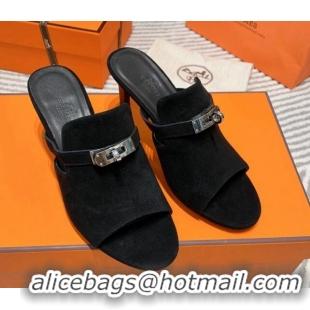 Best Price Hermes Suede Heel Slide Sandals 7cm with Kelly Buckle Black 0531026