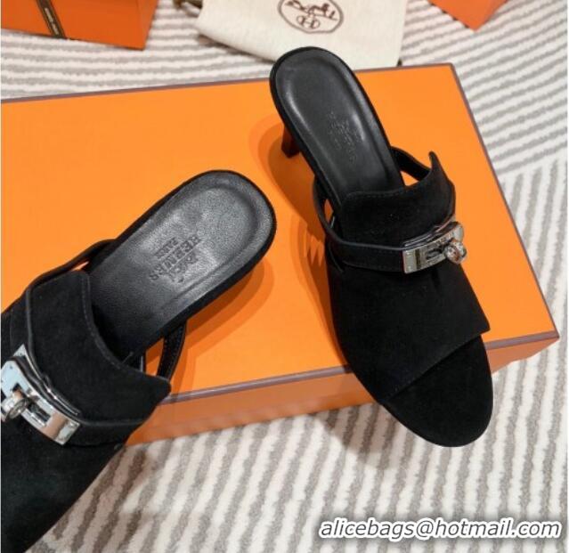 Best Price Hermes Suede Heel Slide Sandals 7cm with Kelly Buckle Black 0531026