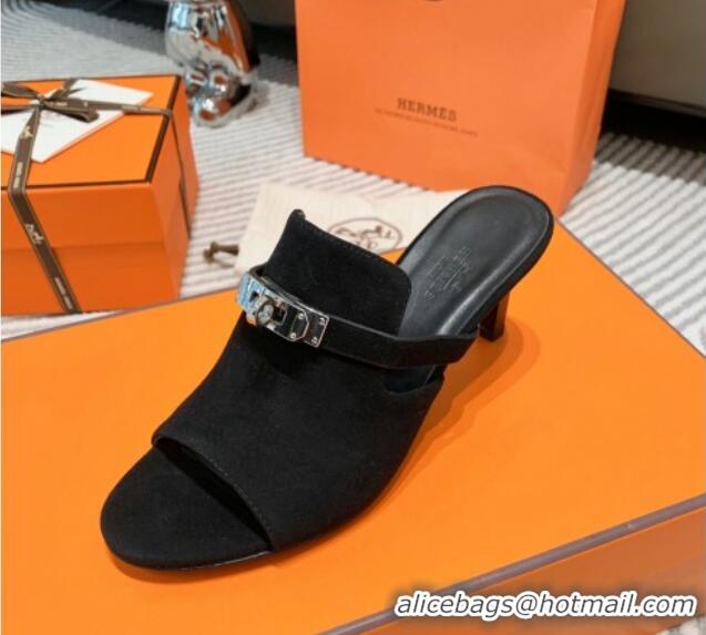 Best Price Hermes Suede Heel Slide Sandals 7cm with Kelly Buckle Black 0531026