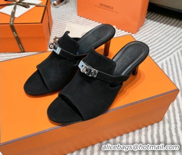 Best Price Hermes Suede Heel Slide Sandals 7cm with Kelly Buckle Black 0531026