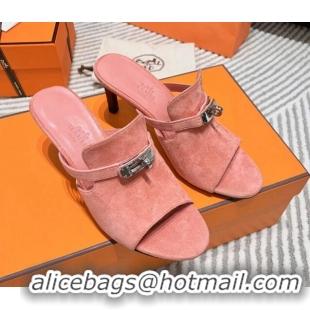 Good Quality Hermes Suede Heel Slide Sandals 7cm with Kelly Buckle Pink 0531027