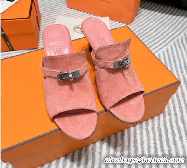 Good Quality Hermes Suede Heel Slide Sandals 7cm with Kelly Buckle Pink 0531027