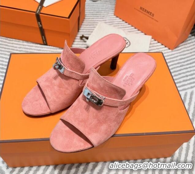 Good Quality Hermes Suede Heel Slide Sandals 7cm with Kelly Buckle Pink 0531027