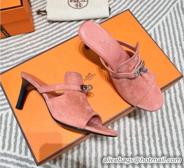 Good Quality Hermes Suede Heel Slide Sandals 7cm with Kelly Buckle Pink 0531027