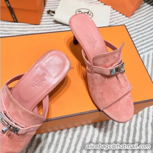 Good Quality Hermes Suede Heel Slide Sandals 7cm with Kelly Buckle Pink 0531027