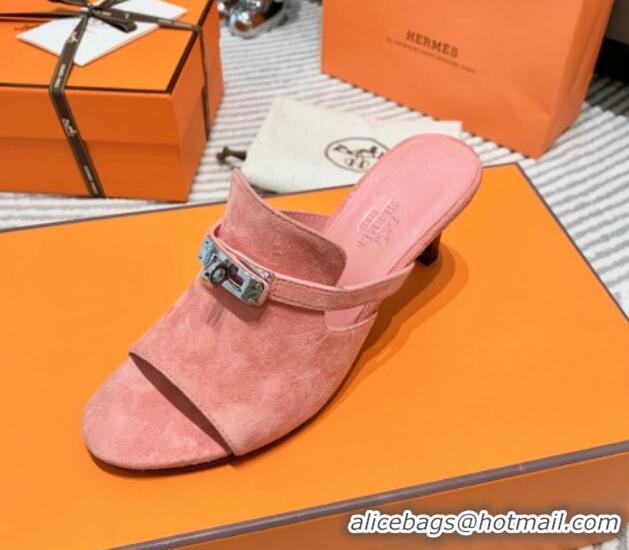 Good Quality Hermes Suede Heel Slide Sandals 7cm with Kelly Buckle Pink 0531027