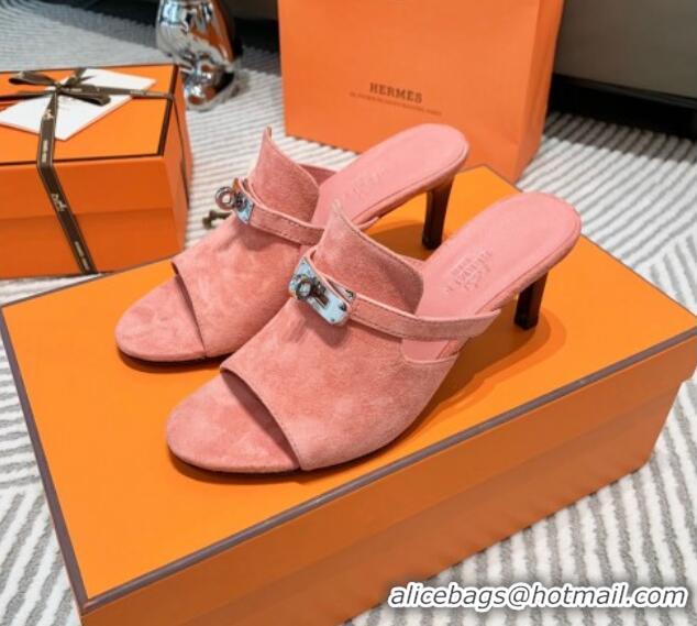 Good Quality Hermes Suede Heel Slide Sandals 7cm with Kelly Buckle Pink 0531027