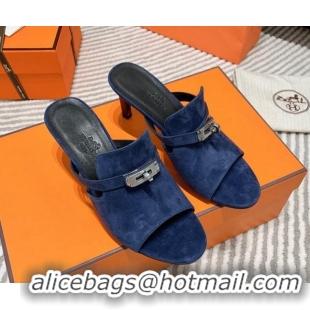 Classic Hot Hermes Suede Heel Slide Sandals 7cm with Kelly Buckle Blue 0531028