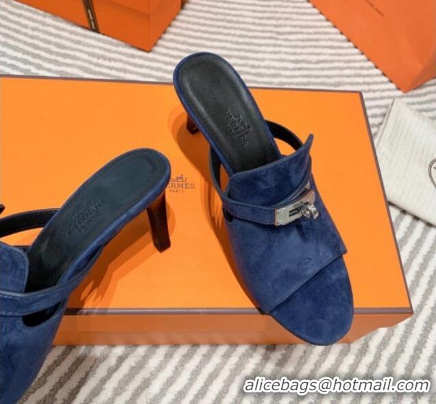 Classic Hot Hermes Suede Heel Slide Sandals 7cm with Kelly Buckle Blue 0531028