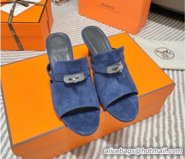 Classic Hot Hermes Suede Heel Slide Sandals 7cm with Kelly Buckle Blue 0531028